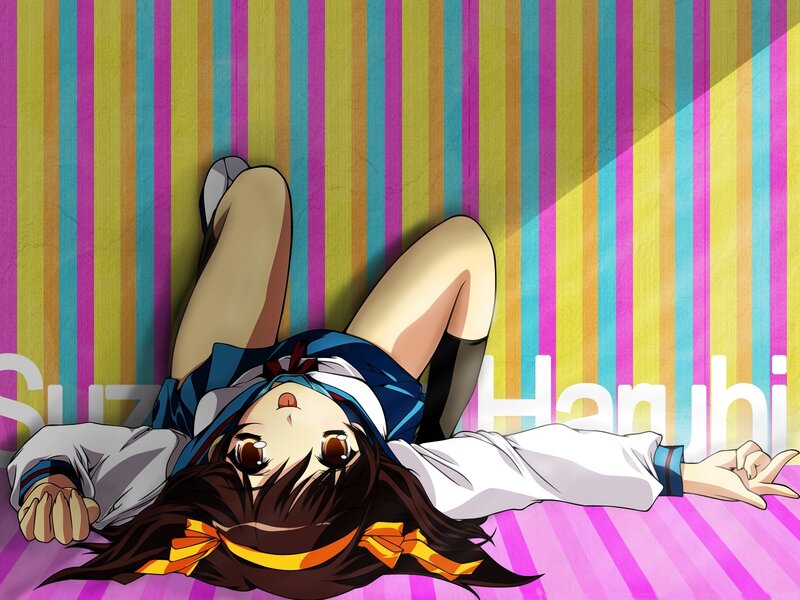 Anime girl lying on colorful floor