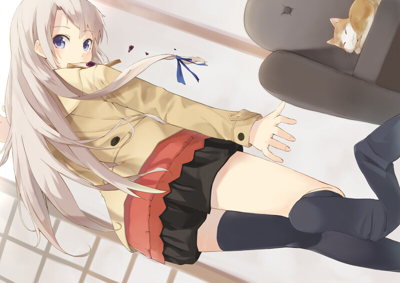 Anime Girl Lying on Floor — Beige