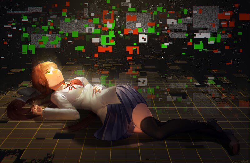 Anime Girl Lying on Floor — Black, Dramatic, Digital Art