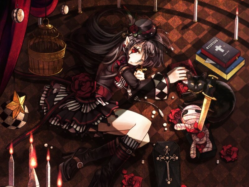 Anime Girl Lying on Floor — Black, Dramatic, Night