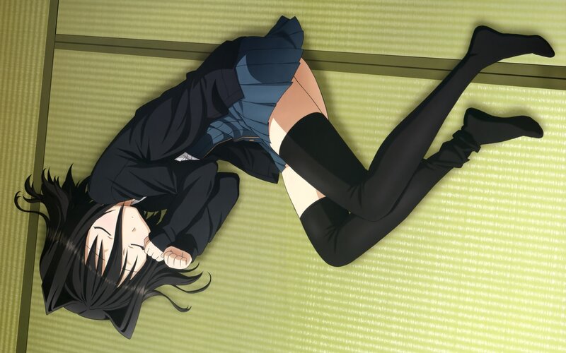 Anime Girl Lying on Floor — Green, Calm, School Uniform, Tattoo