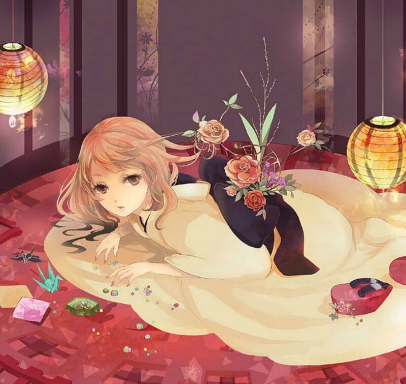 Anime Girl Lying on Floor — Red, Calm