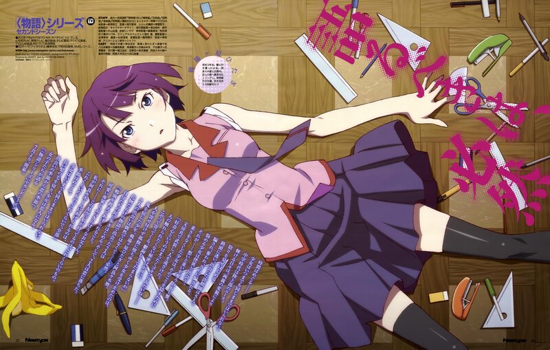 Anime girl lying on floor with supplies
