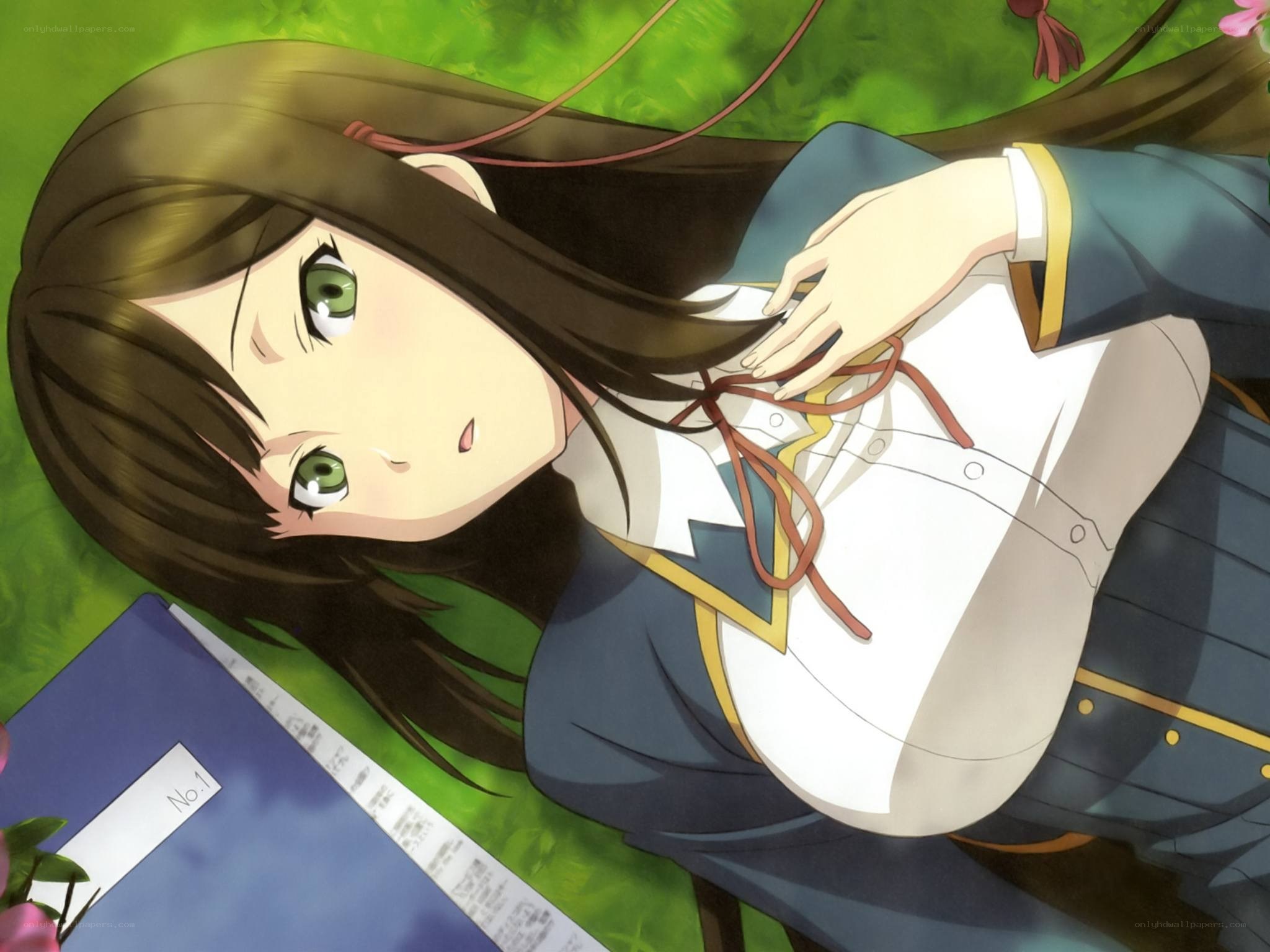 anime girl lying on grass