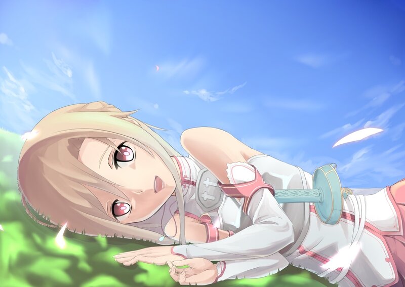 anime girl lying on grass