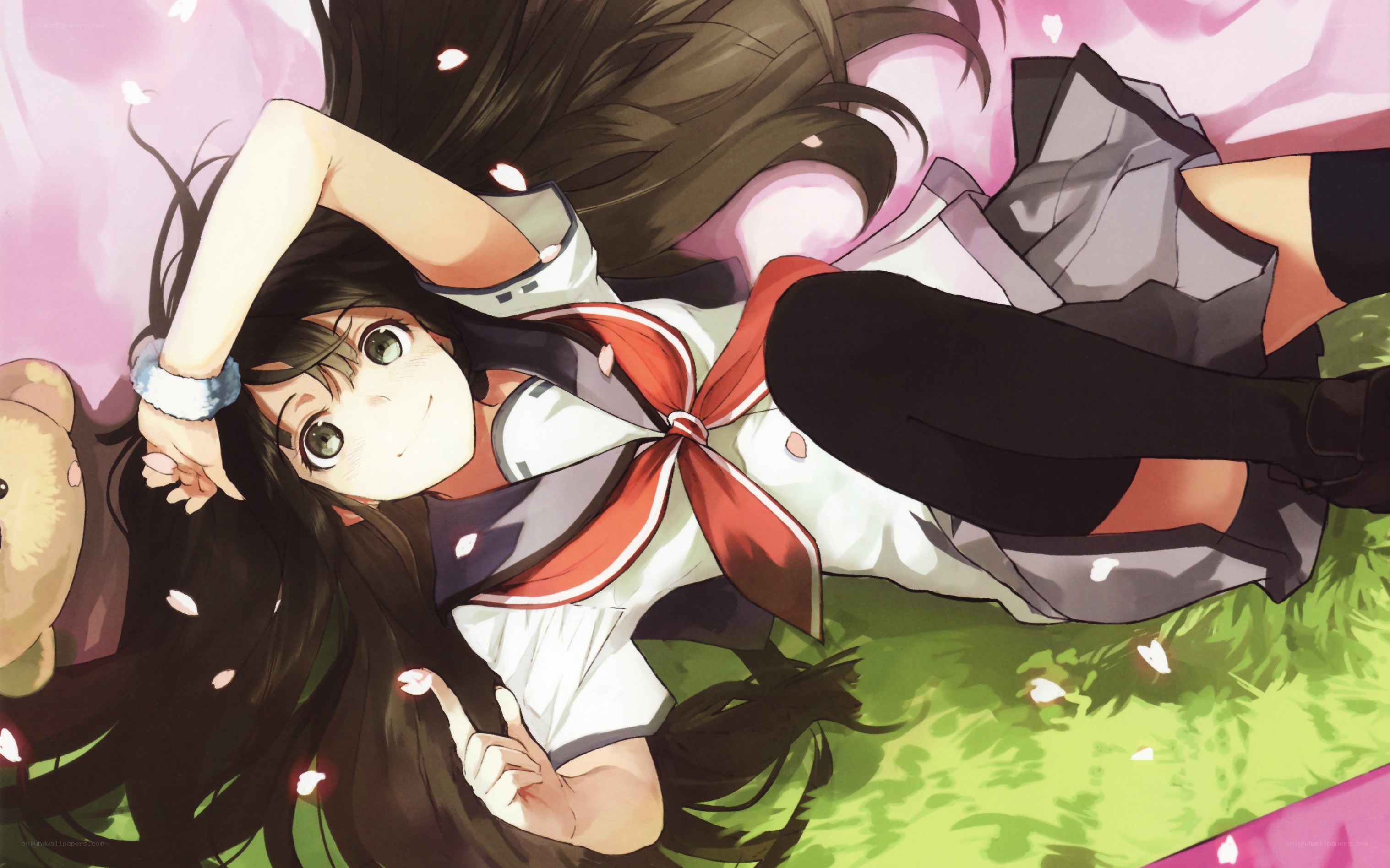 anime girl lying on grass