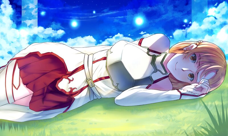 Anime Girl Lying on Grass — Blue