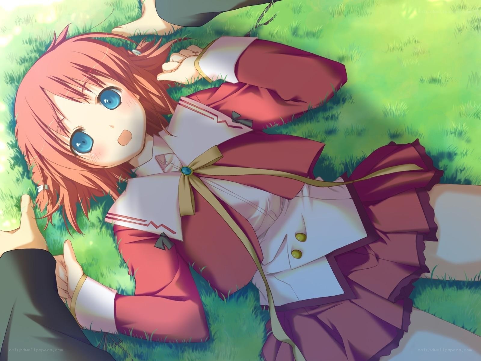 Anime girl lying on grass