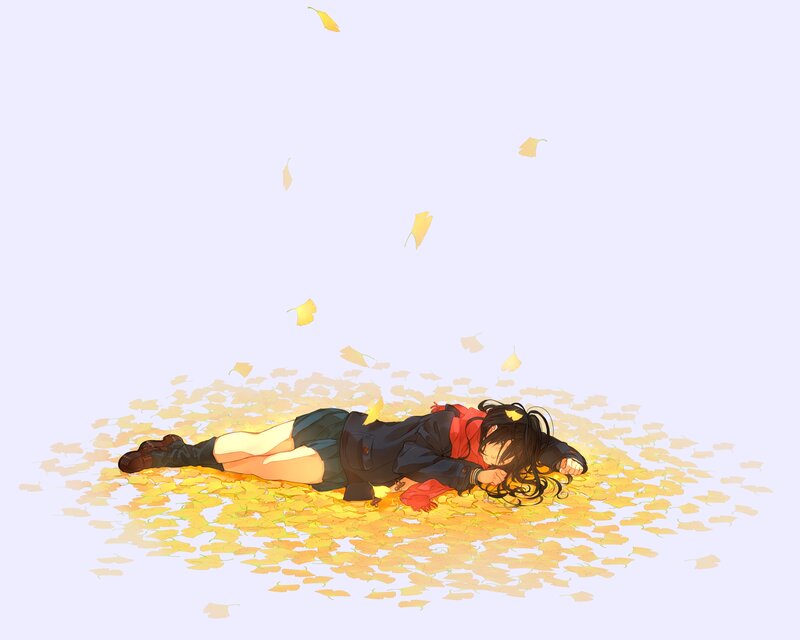 Anime Girl Lying on Leaves — Yellow