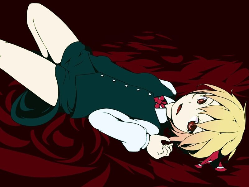 Anime girl lying on red surface