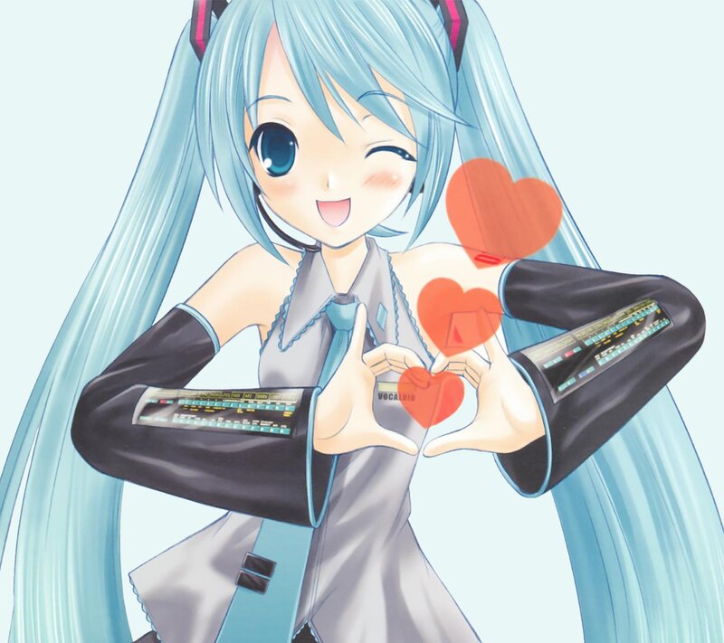 Anime Girl Making Heart — Blue, Happy, Microphone, Digital Display