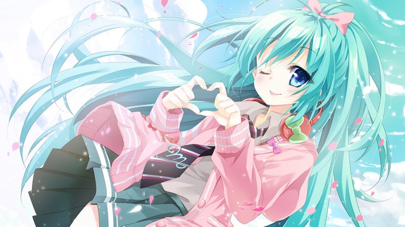 Anime Girl Making Heart — Cyan, Cheerful, Spring