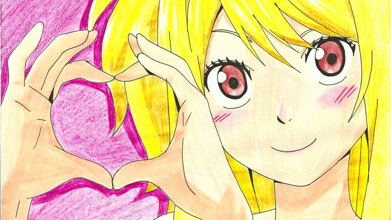 Anime Girl Making Heart — Yellow, Happy