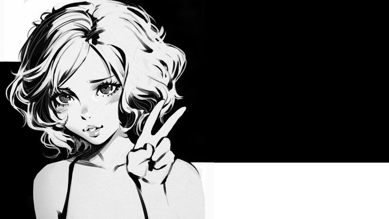 Anime Girl Making Peace Sign — Black, Dramatic