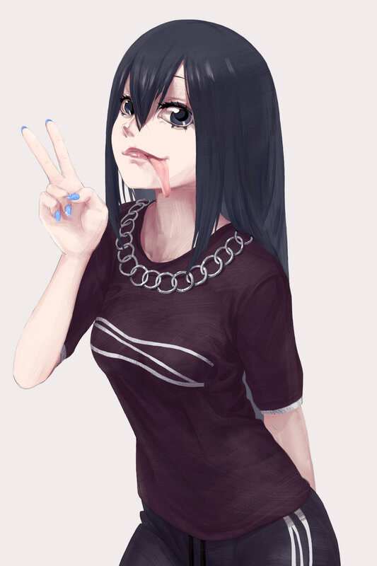 Anime Girl Making Peace Sign — Black, Playful, Digital Art
