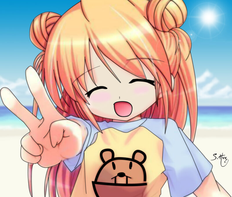 Anime Girl Making Peace Sign — Blue, Cheerful