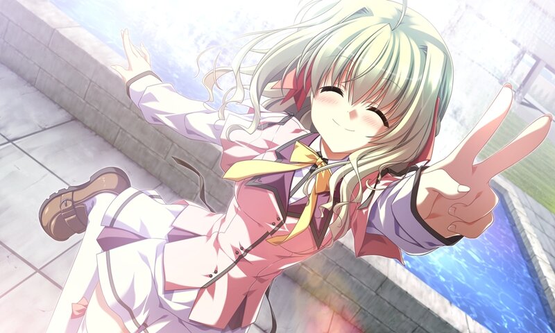Anime Girl Making Peace Sign — White, Cheerful