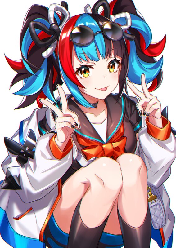 Anime Girl Making Peace Signs — Blue, Playful, Digital Art