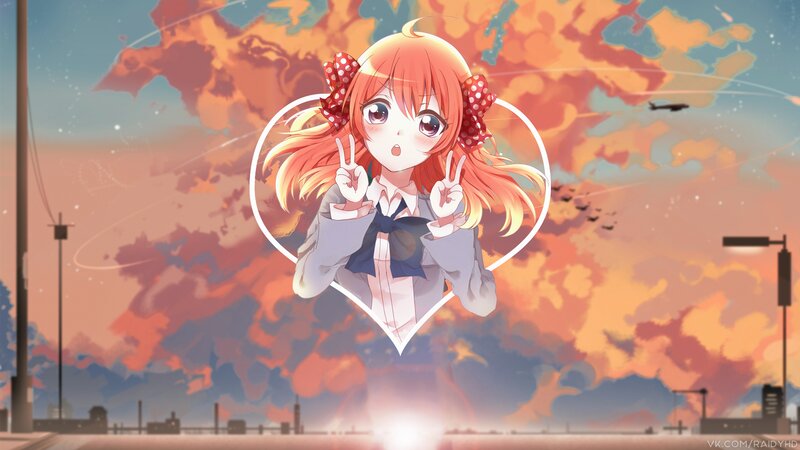 Anime Girl Making Peace Signs — Orange, Dramatic