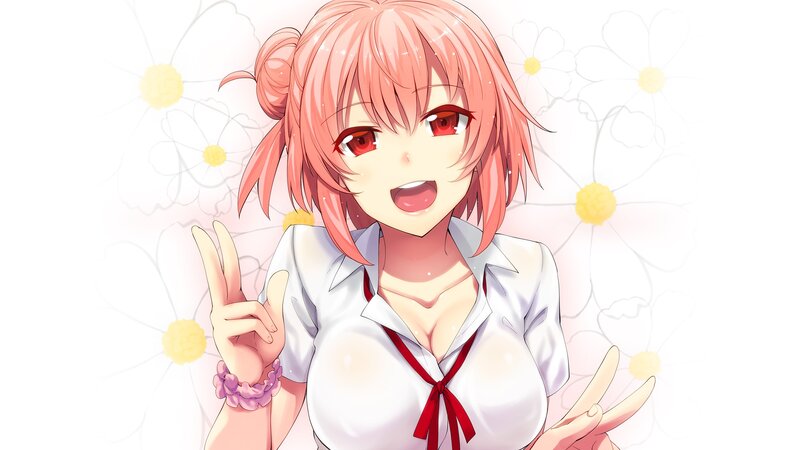 Anime Girl Making Peace Signs — White, Cheerful, White Shirt