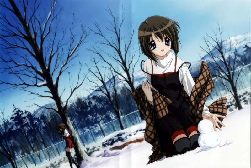Anime Girl Making Snowman — Blue