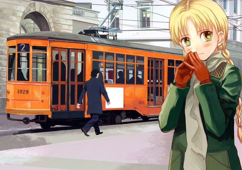 Anime girl near tram