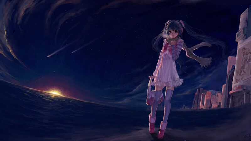 anime girl on a beach at night