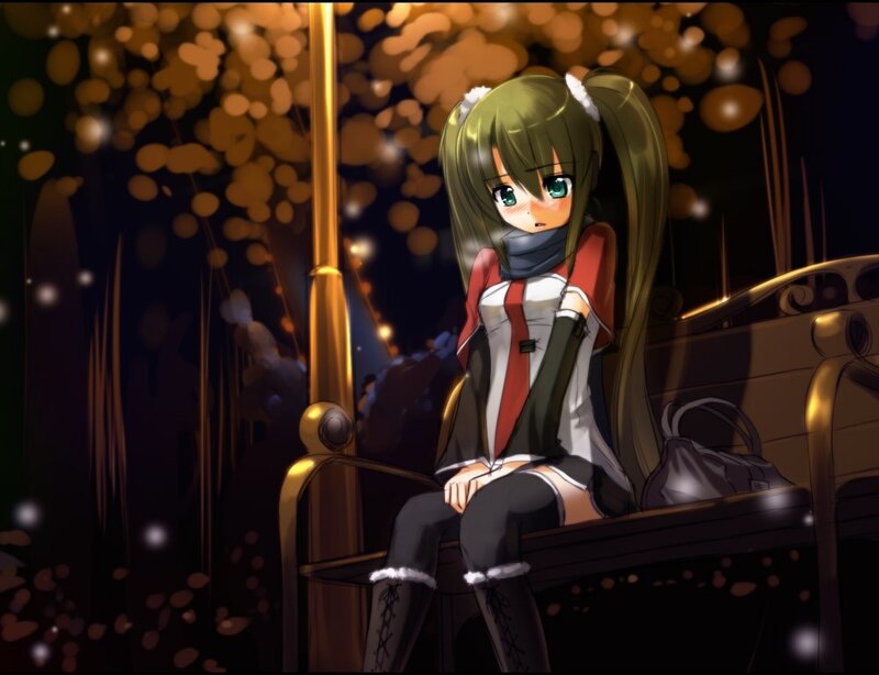 anime girl on a bench at night