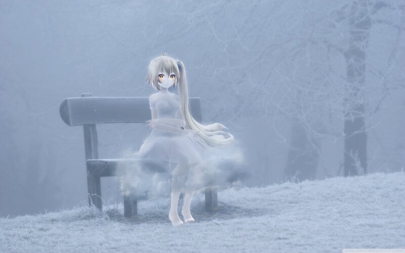 Anime girl on a bench in fog