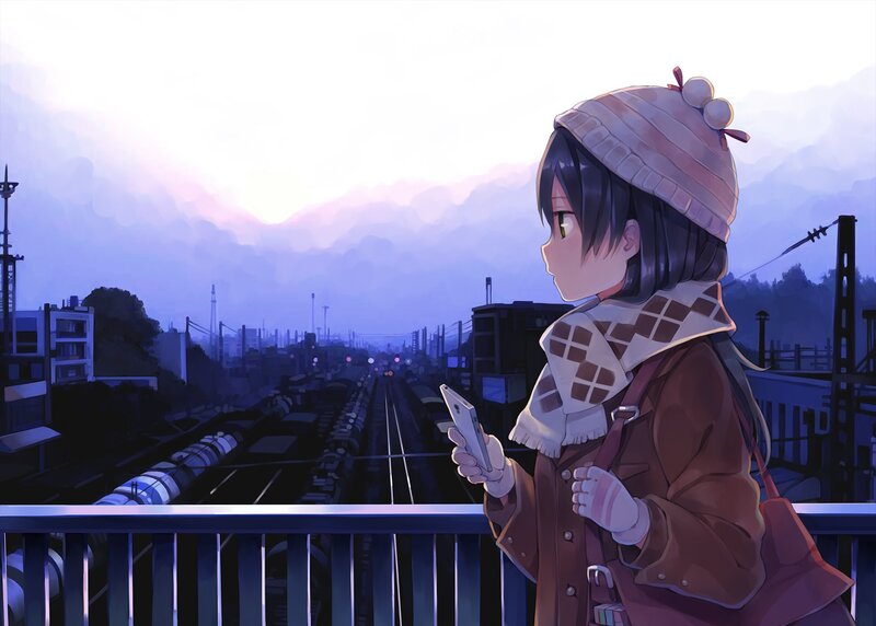 anime girl on a bridge at dusk