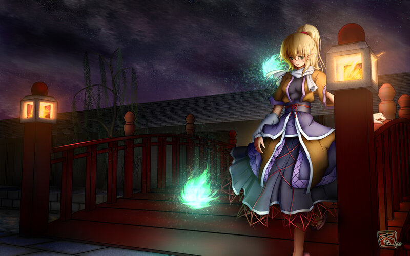 Anime girl on a bridge at night