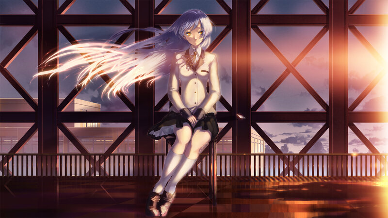 Anime girl on a bridge at sunset