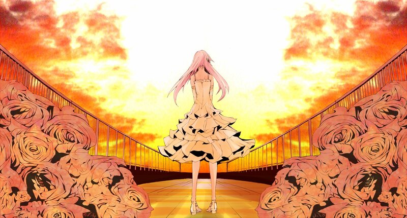 Anime girl on a bridge at sunset