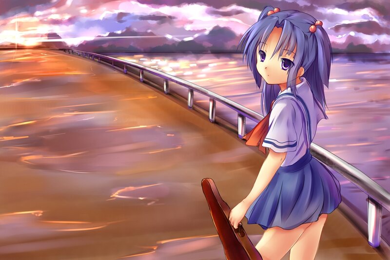 anime girl on a bridge at sunset