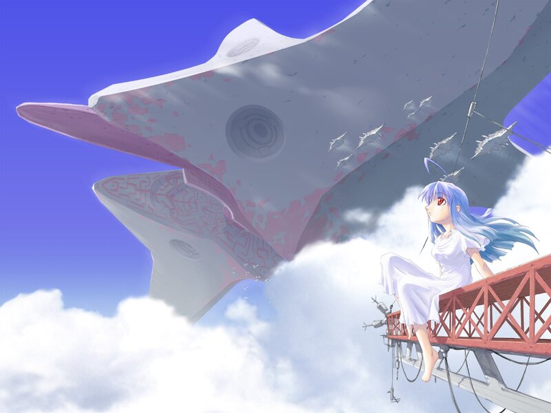 Anime girl on a bridge with a giant ship