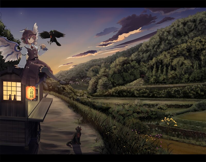 Anime girl on a cart at dusk