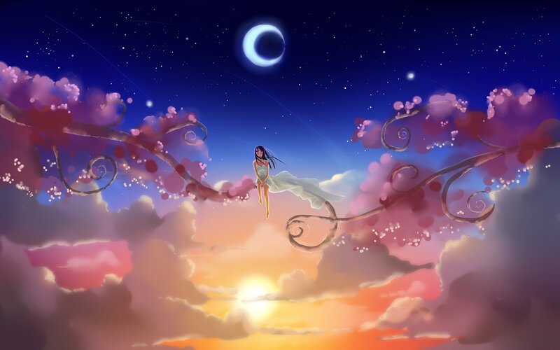 Anime girl on a cherry blossom branch