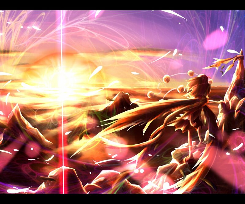 Anime girl on a cliff at sunset