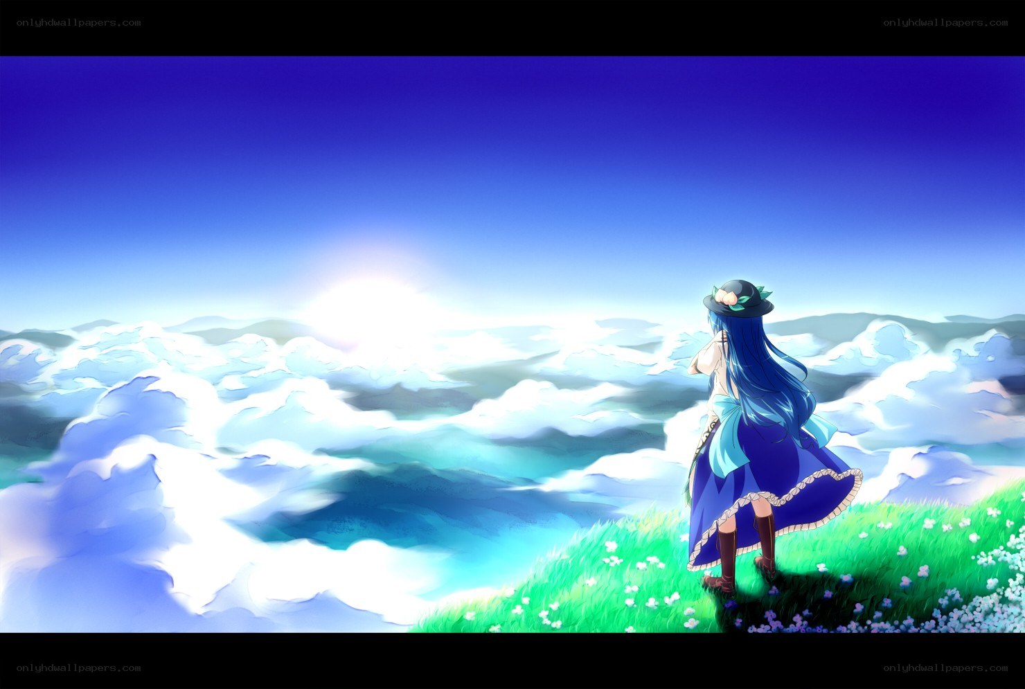 Anime girl on a cloud-covered hill