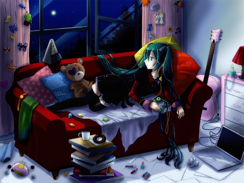 Anime girl on a couch at night
