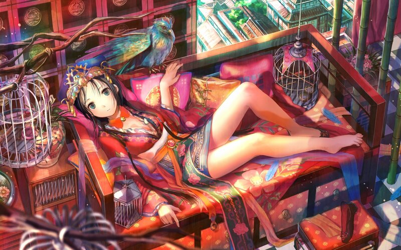 Anime Girl on a Couch — Red, Serene