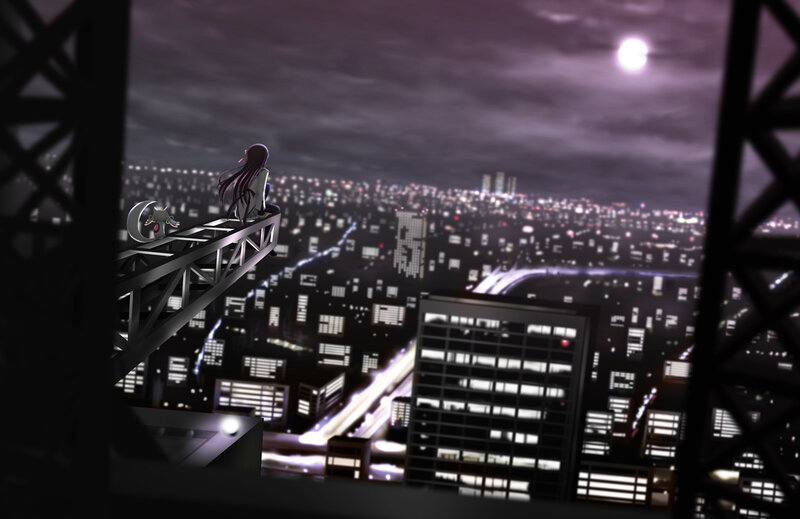 Anime girl on a crane at night