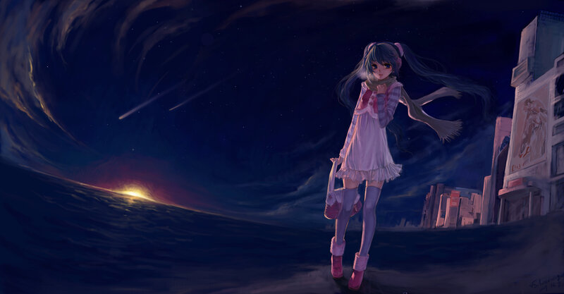 Anime girl on a dark beach