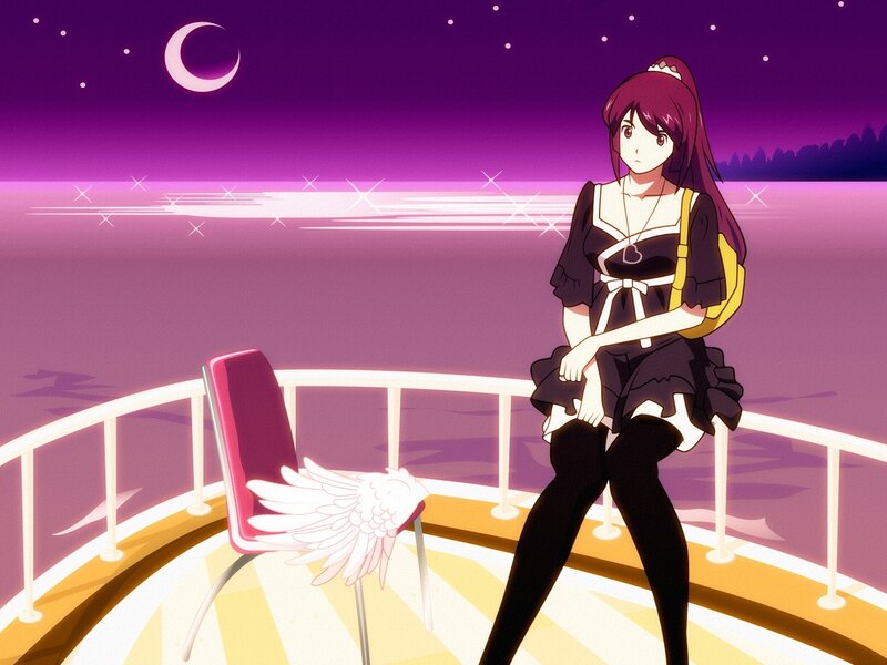Anime girl on a deck at night