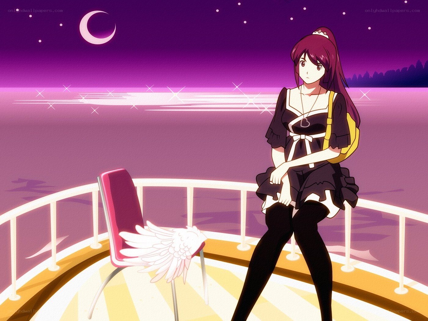 Anime girl on a deck at night