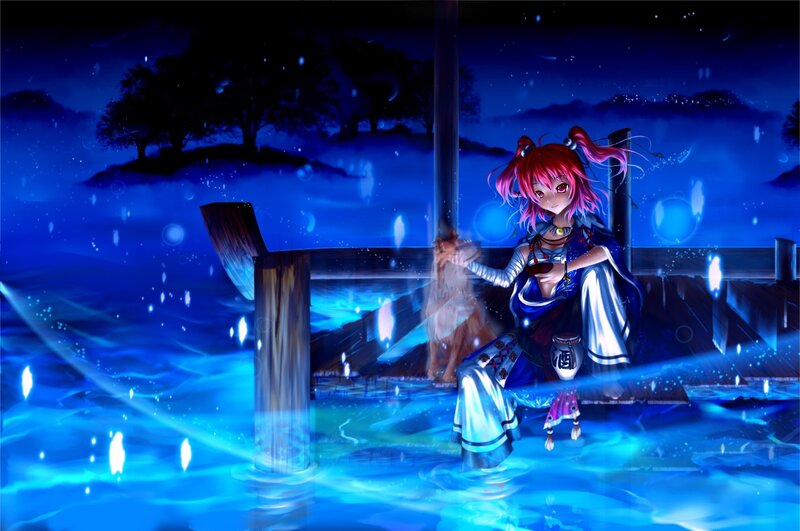 Anime girl on a dock at night