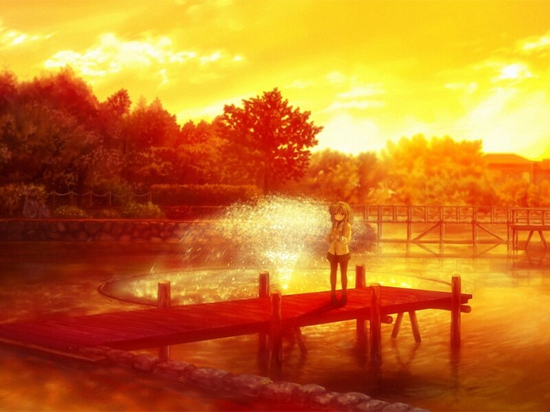 Anime girl on a dock at sunset