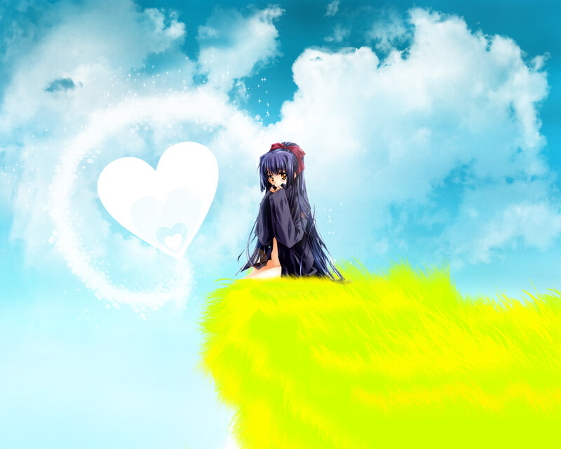 Anime girl on a grassy cliff