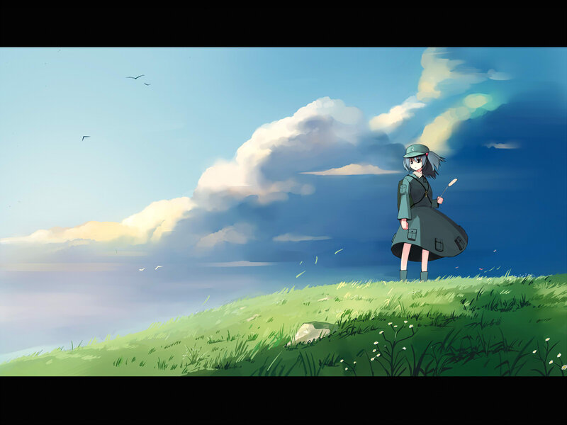 Anime girl on a grassy hill
