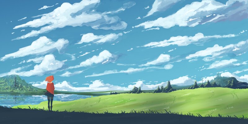 Anime girl on a grassy hill